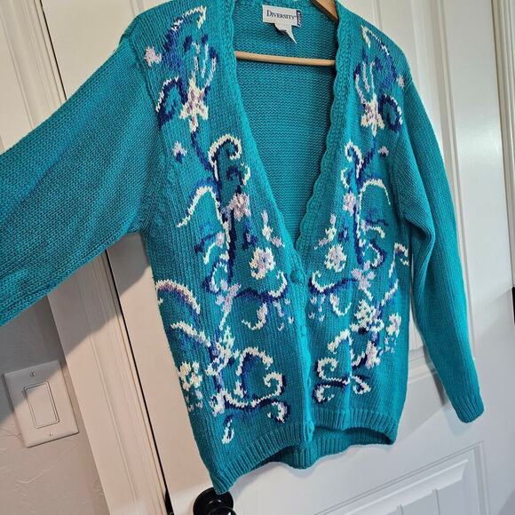 Vintage Diversity Cardigan Womens Large Petite Blue Floral Embroidered 90s Knit - Picture 5 of 10